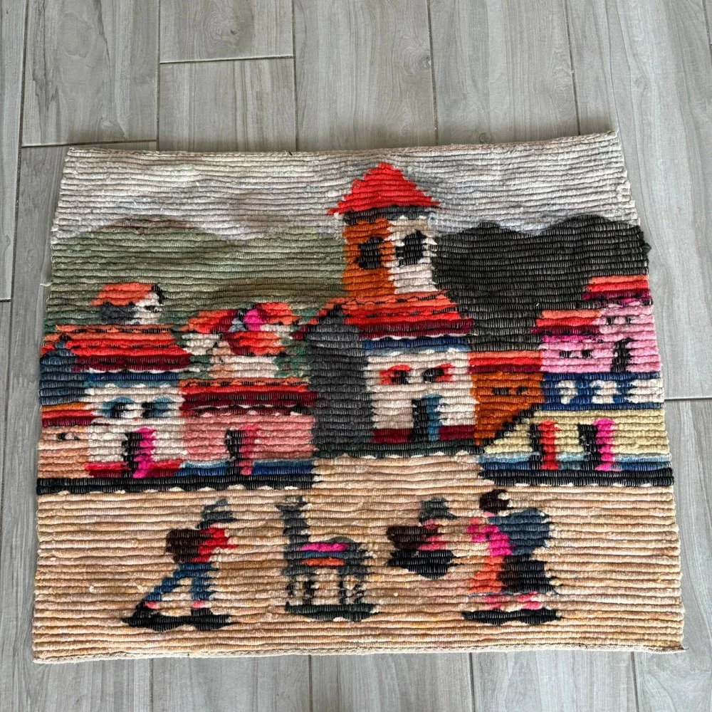VTG Peruvian Woven 1970s Tapestry Multi Village Llama Wall Art 37